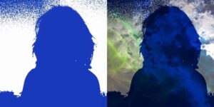 Left: A silhouette of Thing 2 colorized blue Right: Same silhouette blended with a pic of the sky after being spiffed up with the Space Effects app