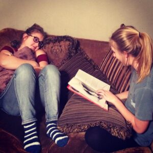 The Bestie reading How the Grinch Stole Christmas to The Teen at Spaghetti Sunday