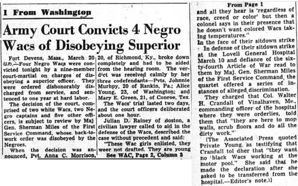 Army Court Convicts 4 WACs of Disobeying Superior, The Washington Post, March 21, 1945.
