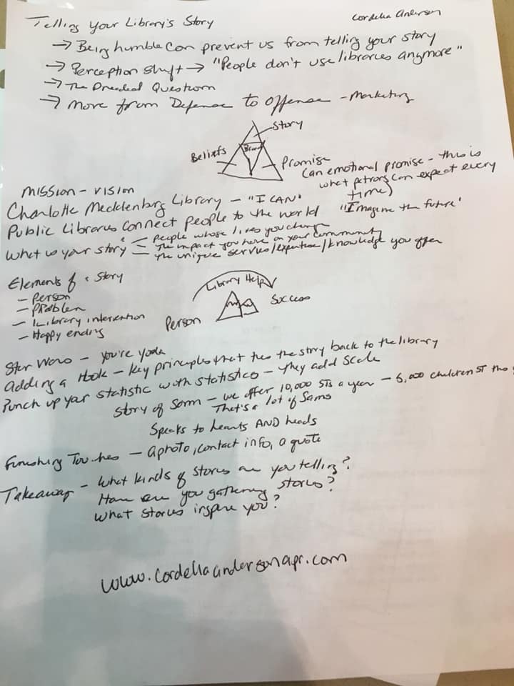 Karen Jensen's notes from Cordelia Anderson's presentation on Telling Your Library's Story at FWPL Staff Training Day 2019